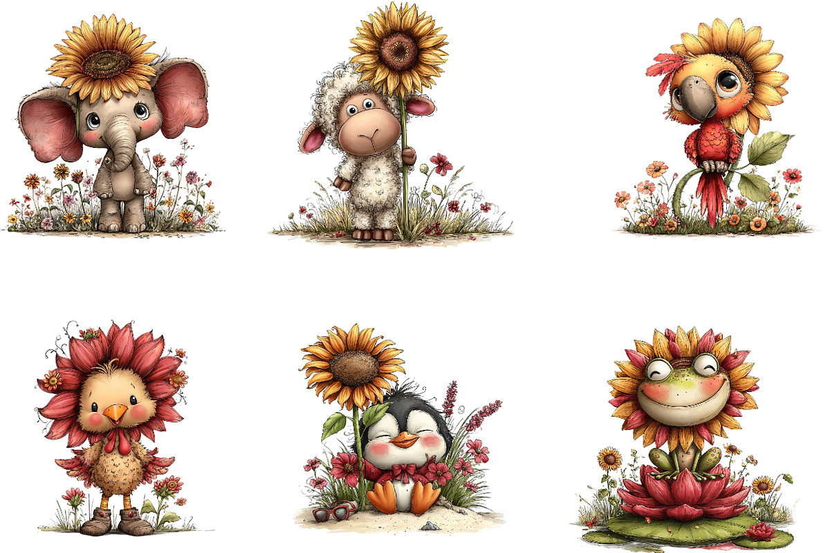 Summer Funny Sunflower Animals, a Seasonal Illustration by CreationArt (Photo 2 of 5)