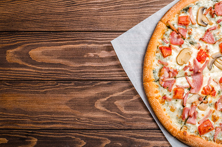 Pizza with mushrooms and ham stock photo containing american and background, a Food & Drink Photo by piter.goskov