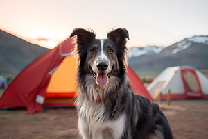Portrait of Australian Shepherd dog in front of camping tent in mountain forest, an Animal Photo by Lenor4ik