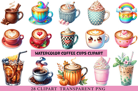 Watercolor Coffee Cups Clipart, an Illustration by cherrydesign