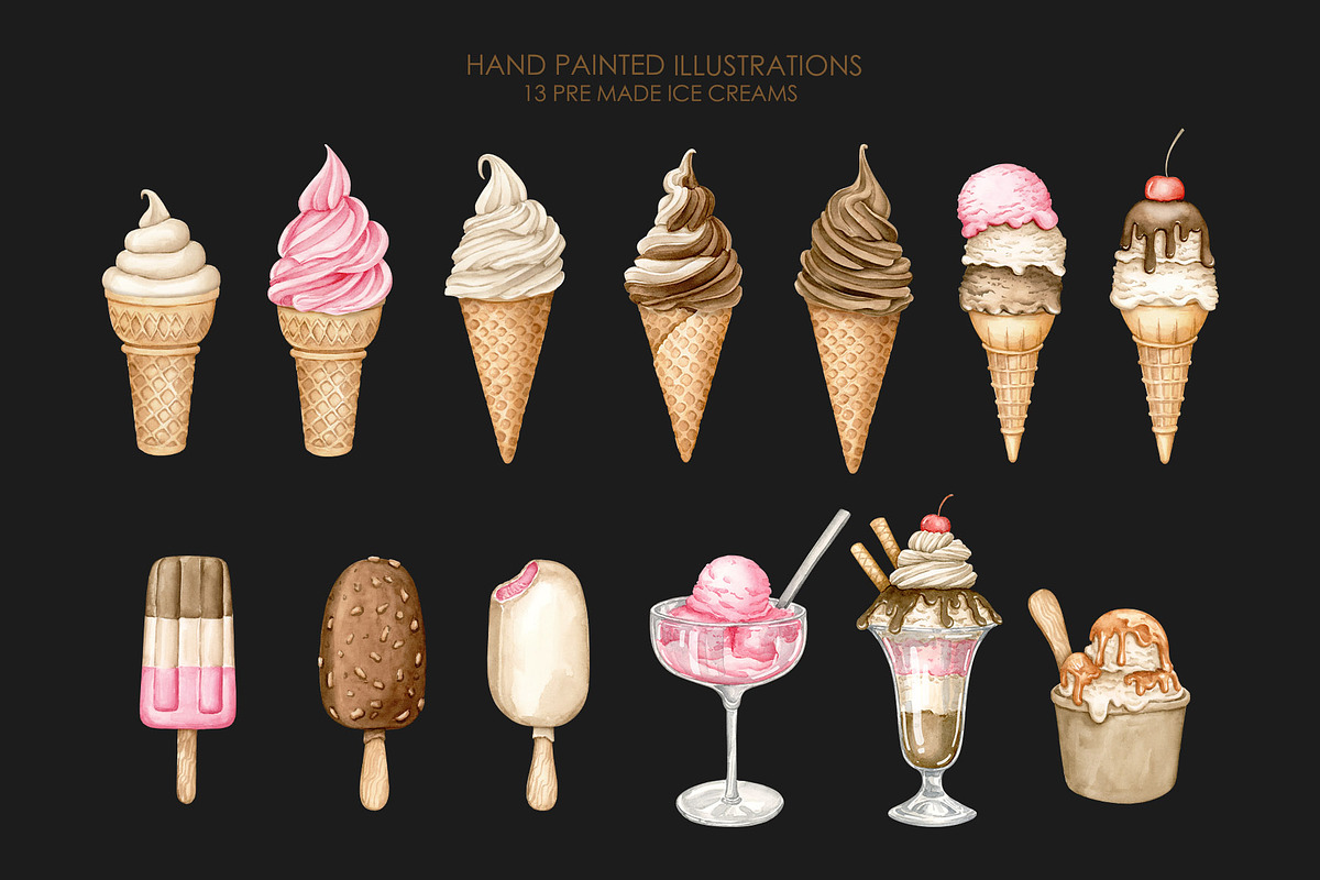 Watercolor Ice cream clipart, a Food Illustration by AquarelleSpace (Photo 3 of 5)