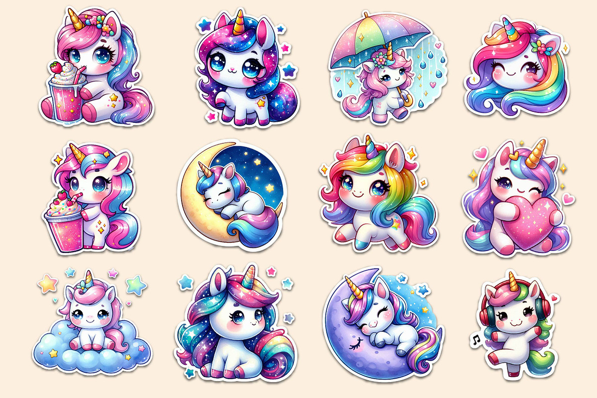 Kawaii Unicorn Stickers Clipart, an Illustration by Dream Creation (Photo 2 of 4)