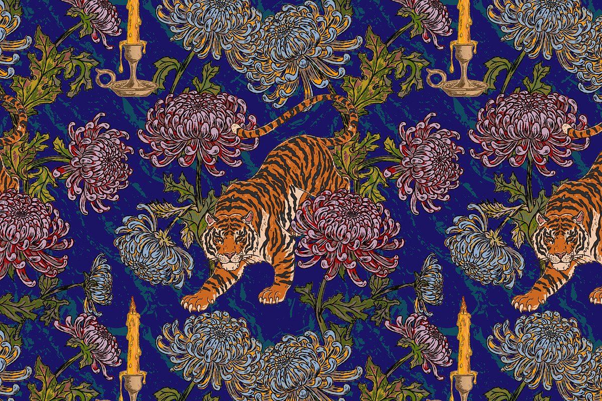 Tiger, candle, chrysanthemums, a Pattern Graphic by NayaChu (Photo 3 of 9)