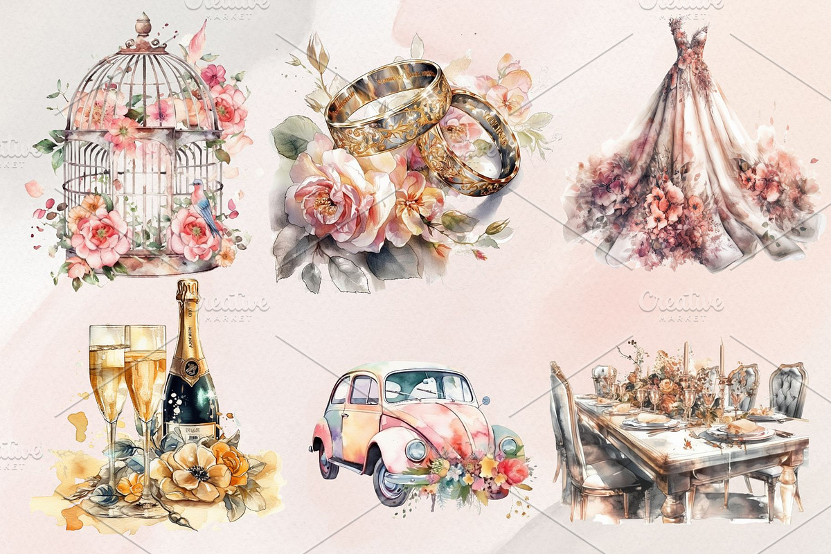 22Watercolor Wedding Clipart PNG Set, an Illustration by Jalina Clipart Studio (Photo 2 of 8)