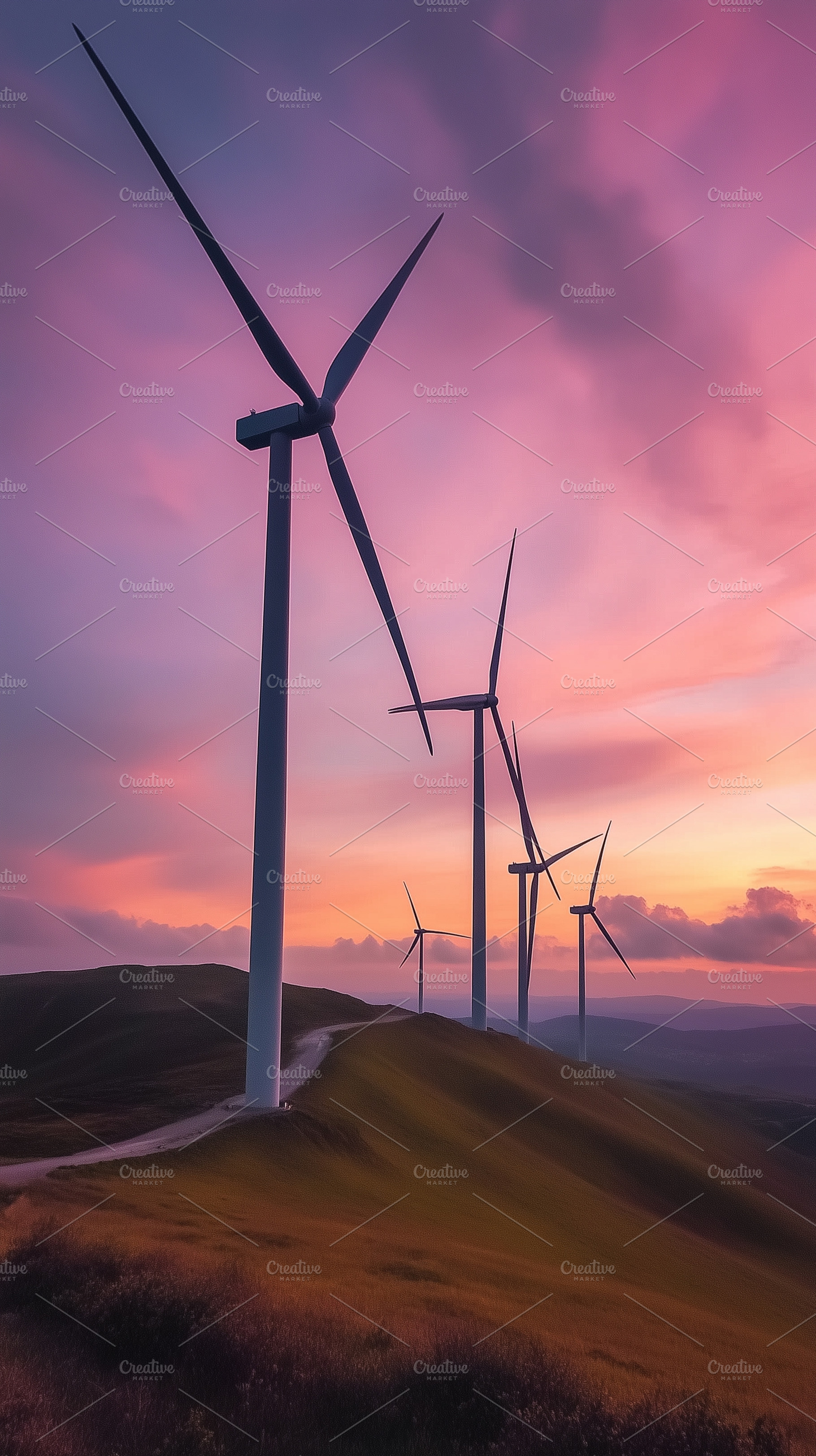 Wind turbines on a hill at pink sun, a Technology Photo by MistyDay