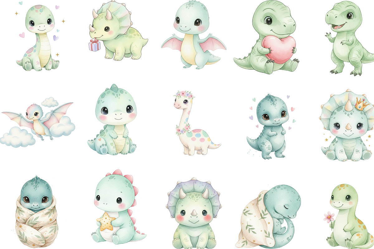 Adorable Baby Dino Watercolor, an Illustration by Designking (Photo 3 of 5)