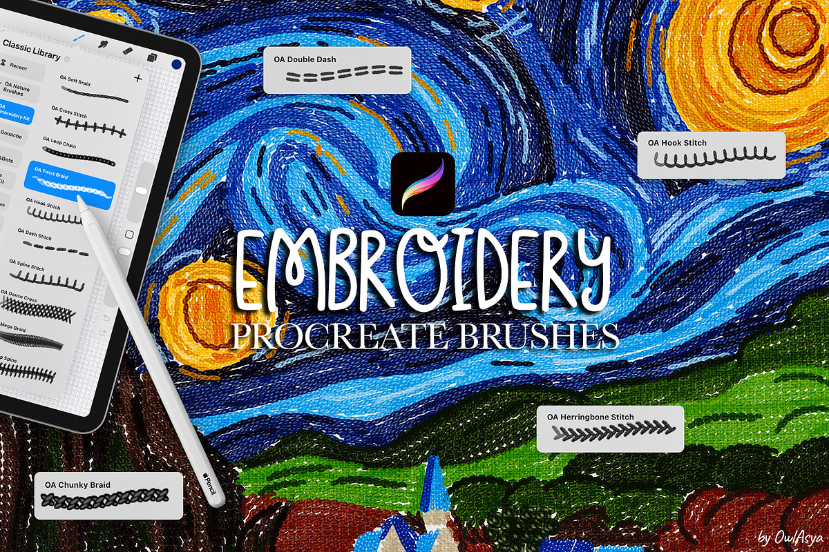 Embroidery Procreate Brushes Kit, a Brush Add-On by owlasya (Photo 1 of 5)
