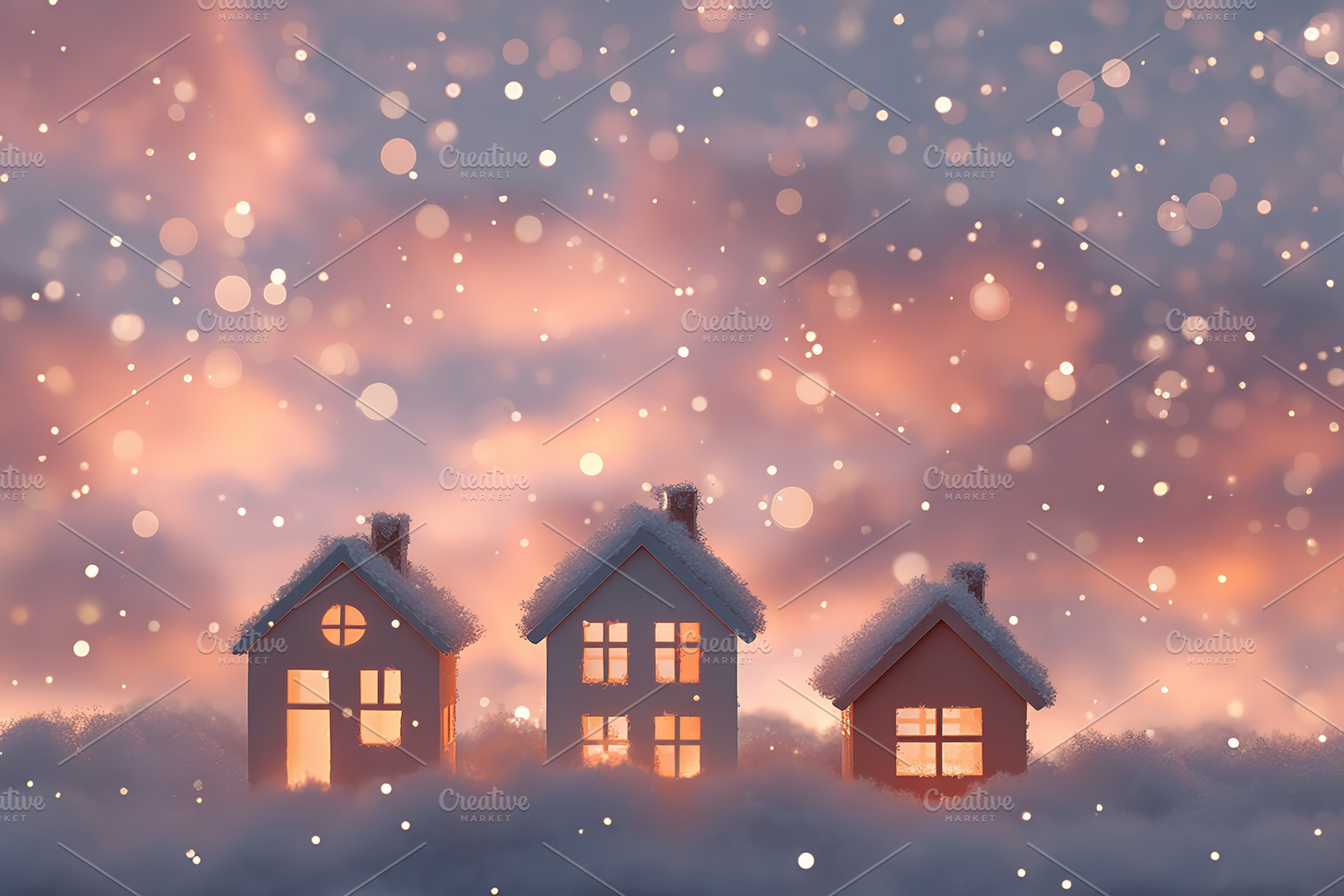 Cozy winter evening with illuminated houses in a snowy landscape at twilight, a Photo by AlyaAnd