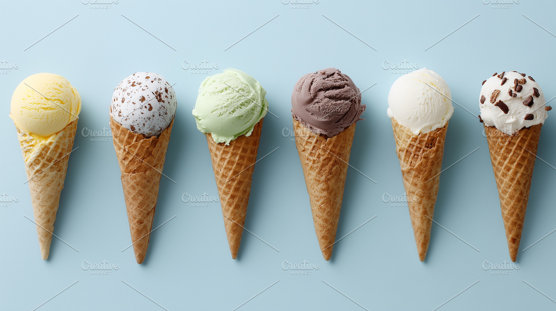 Six assorted ice cream cones, a Food & Drink Photo by MistyDay