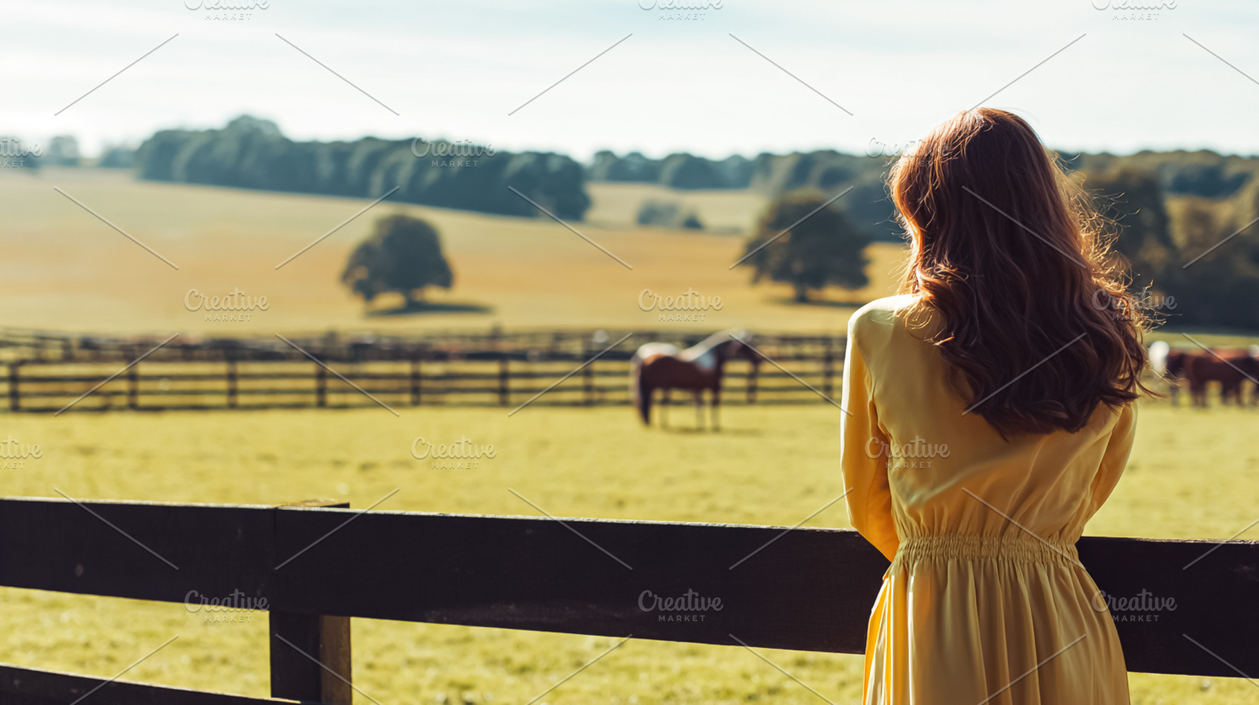 Young woman from behind admiring horses grazing in a green pastu, a Photo by Studio ANNA