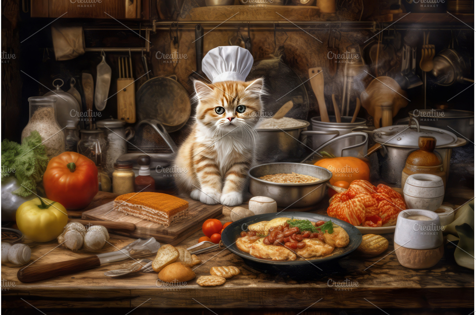 Kitten cooking in kitchen food, an Animal Photo by Ylivdesign