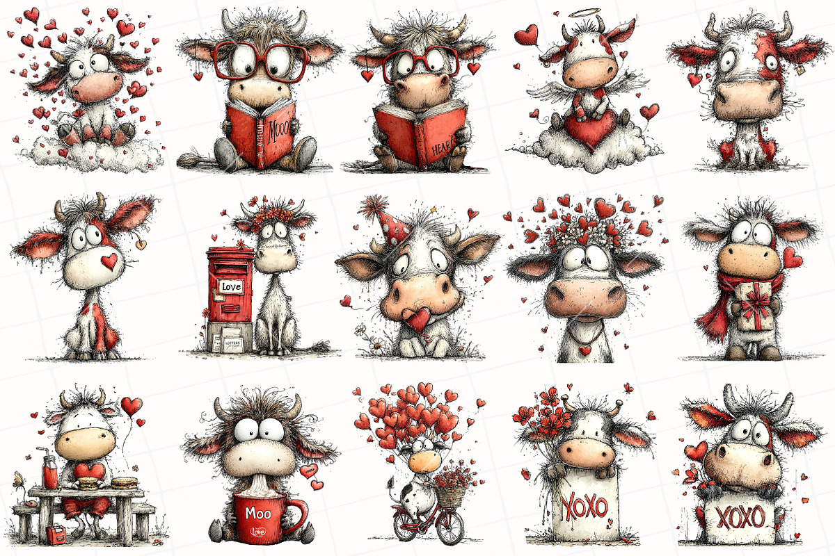 Whimsical Valentine Cow Clipart, an Illustration by OK Design (Photo 3 of 6)