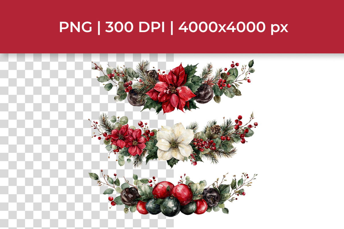 Watercolor Christmas Garland Clipart, a Decorative Illustration by InkyQueenArt (Photo 2 of 5)