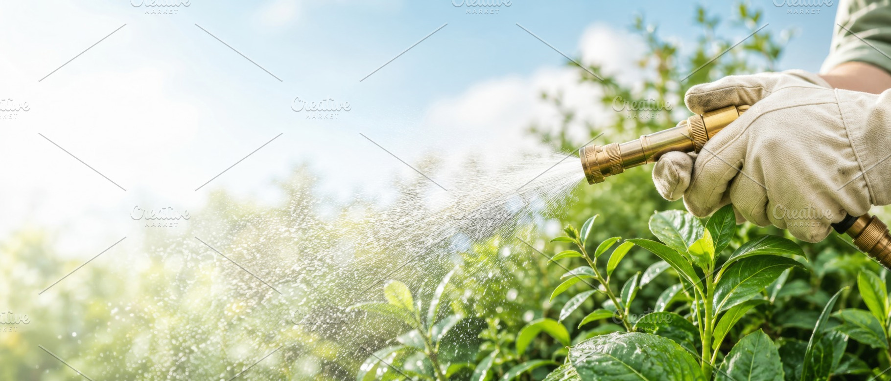 Gardening during heatwave with hose, a Photo by Dvoevnore photos