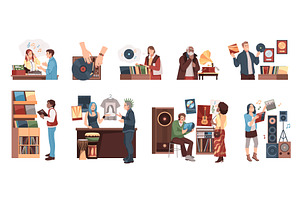 Vinyl records market visitors. Music, a Person Illustration by YummyBuum