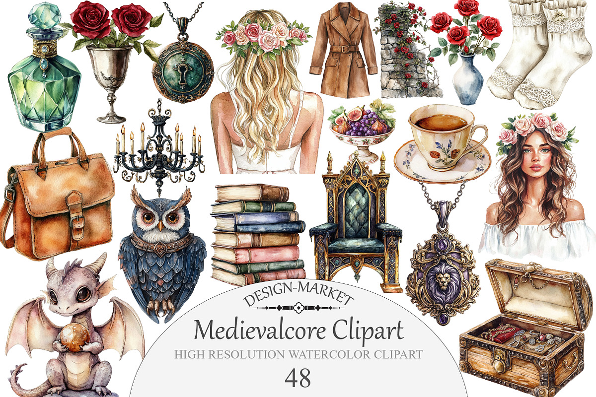 Watercolor Medievalcore Clipart, an Illustration by Design Market (Photo 1 of 5)
