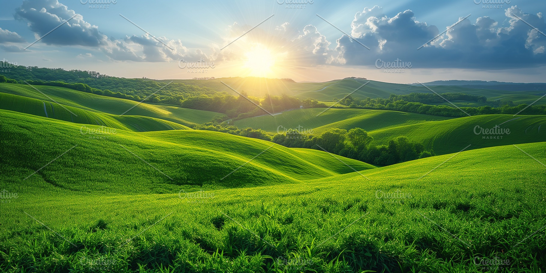 A breathtaking view of lush green hills under a radiant sunrise, illuminating t, a Background Photo by ImageMir