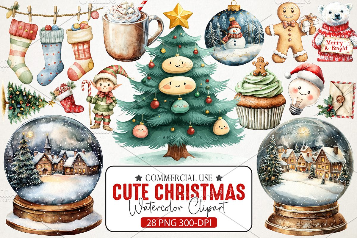 Cute Christmas Watercolor Clipart, an Illustration by RobertsArt (Photo 1 of 7)