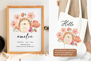 watercolour flower cute hedgehog