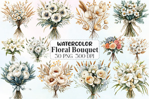 White Boho Wedding Floral Bouquet, an Illustration by CraftArtStudio