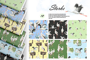 Watercolor Stork Seamless Patterns