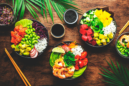 Poke bowl set with tuna, salmon, shrimp, avocado, mango, white r, a Food & Drink Photo by 5PH