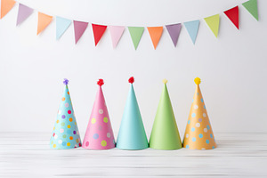 Colorful birthday caps and paper flags on white wooden background, a Holiday Photo by AlyaAnd