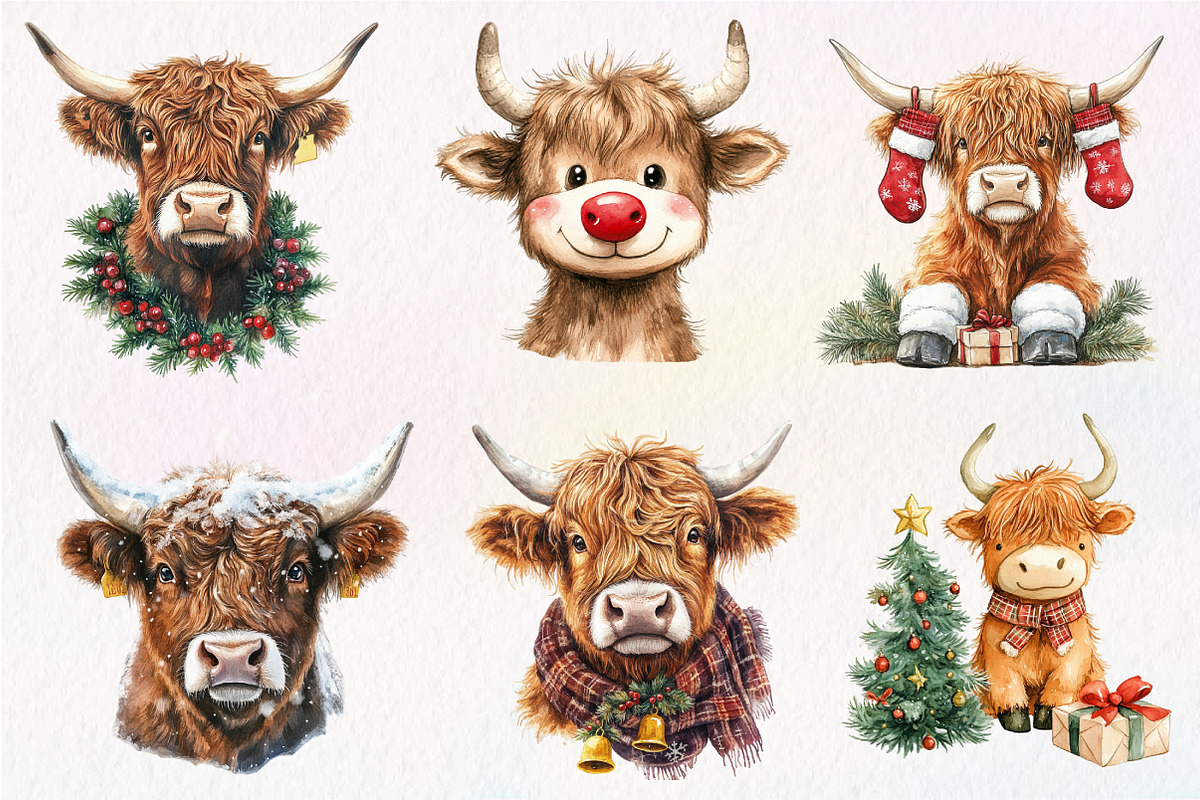 Christmas Highland Cow Clipart, an Illustration by Dream Creation (Photo 4 of 7)