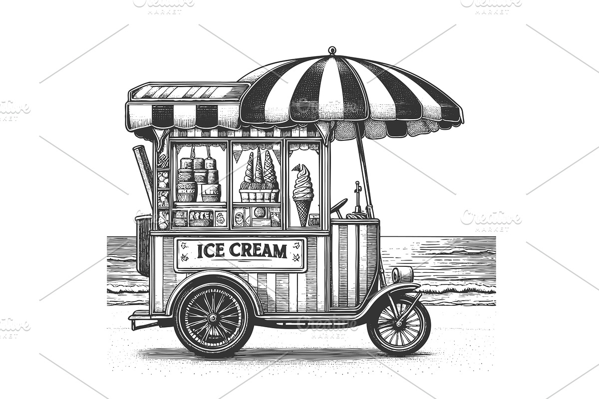 beach ice cream cart engraving, a Food Illustration by AlexArt
