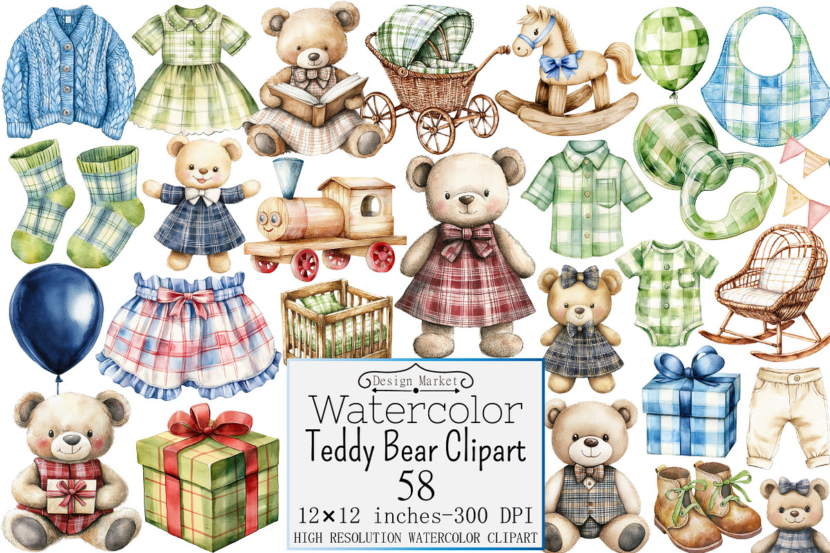 Watercolor Teddy Bear Clipart, a Seasonal Illustration by Design Market (Photo 1 of 5)