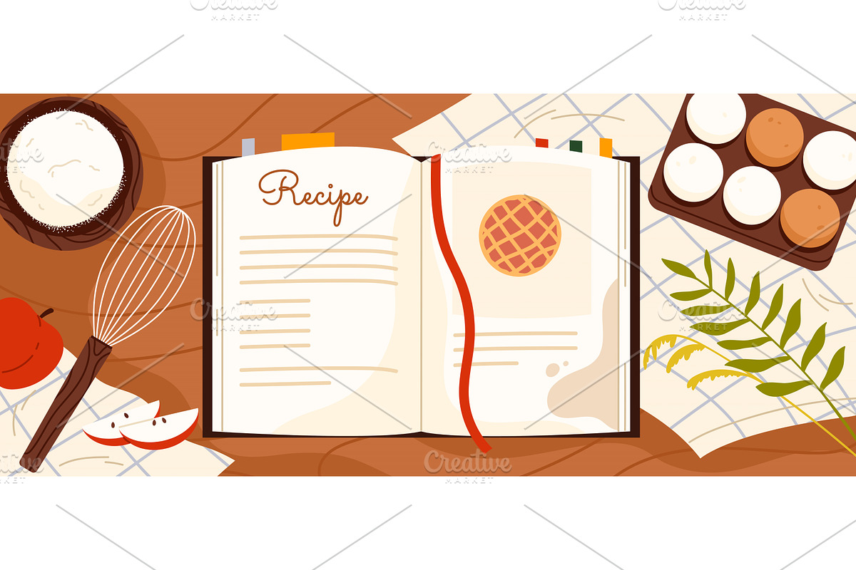 Open Recipe Book With Baking, a Food Illustration by Flashvector