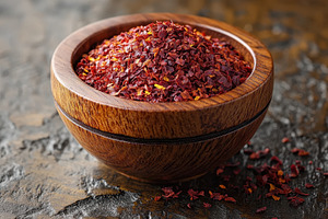 Ground spices in a wooden bowl on a, a Photo by Tanuart