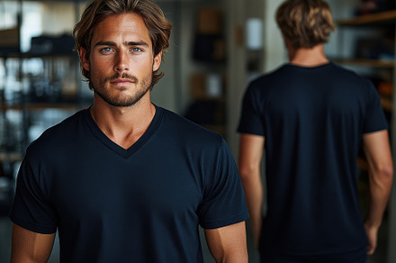 Stylish young man in black v-neck t-, a Photo by Tanuart