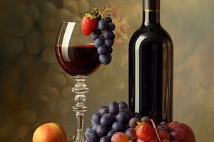 Still life composition with red wine bottle, glass, dark and red grapes, strawb, a Food & Drink Photo by Studio ANNA