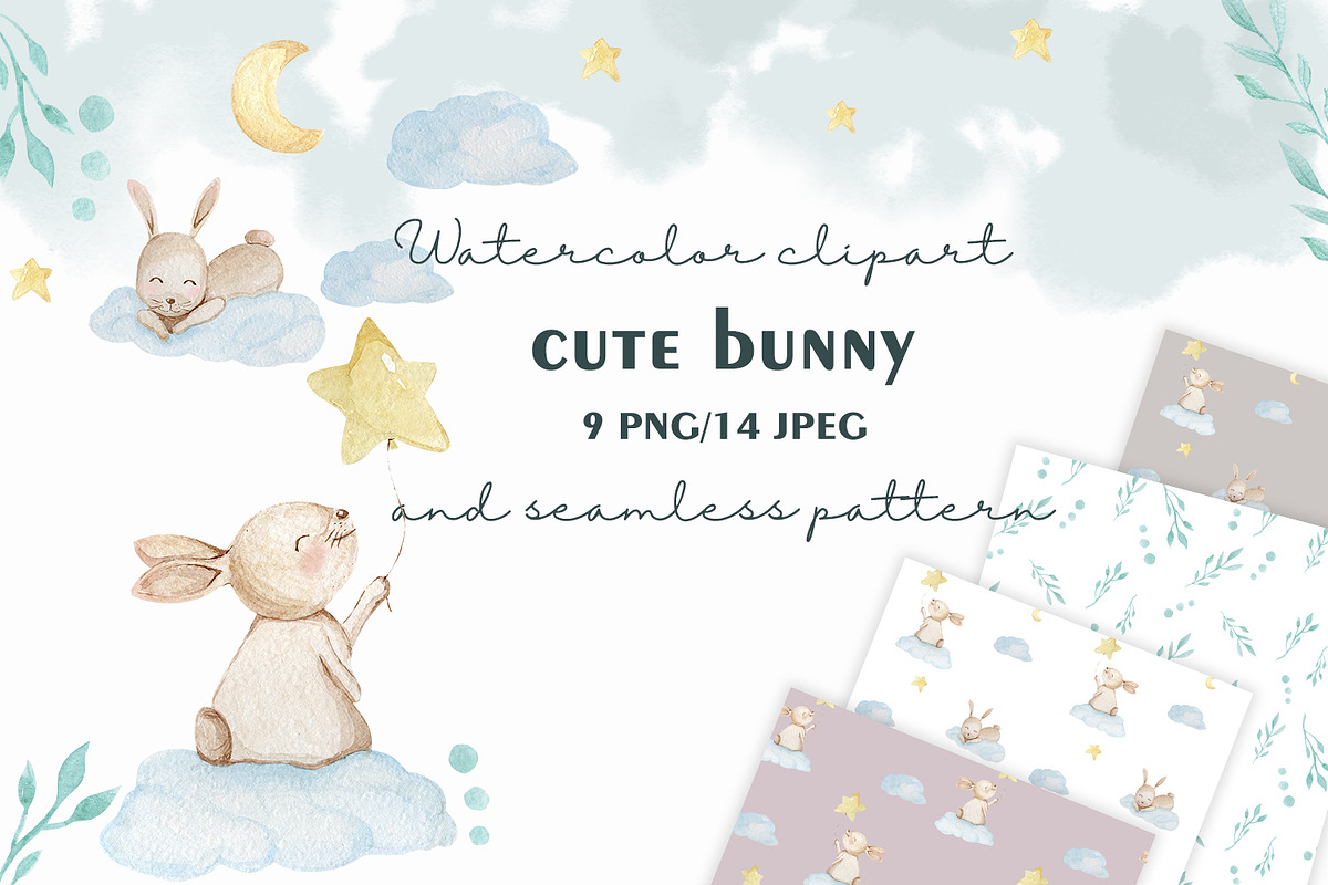 Watercolor cute bunny pattern JPEG, a Pattern Graphic by SleptArt (Photo 1 of 5)