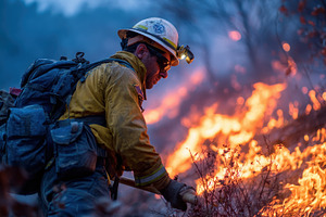 Firefighter battling wildfire courag, a Photo by Pixeness Studio