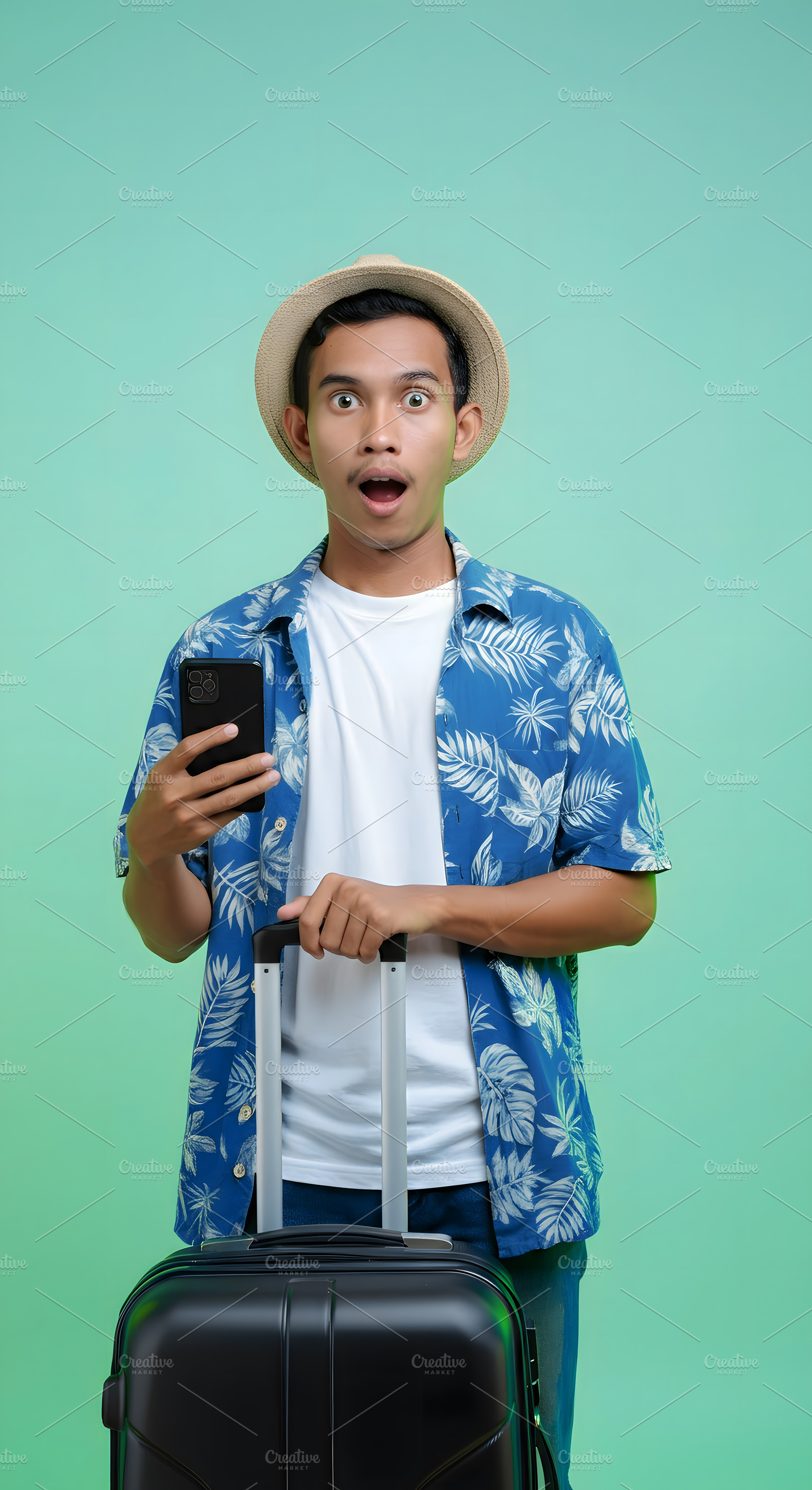 Surprised Tourist Holding Phone and, a Holiday Photo by Stock Shape
