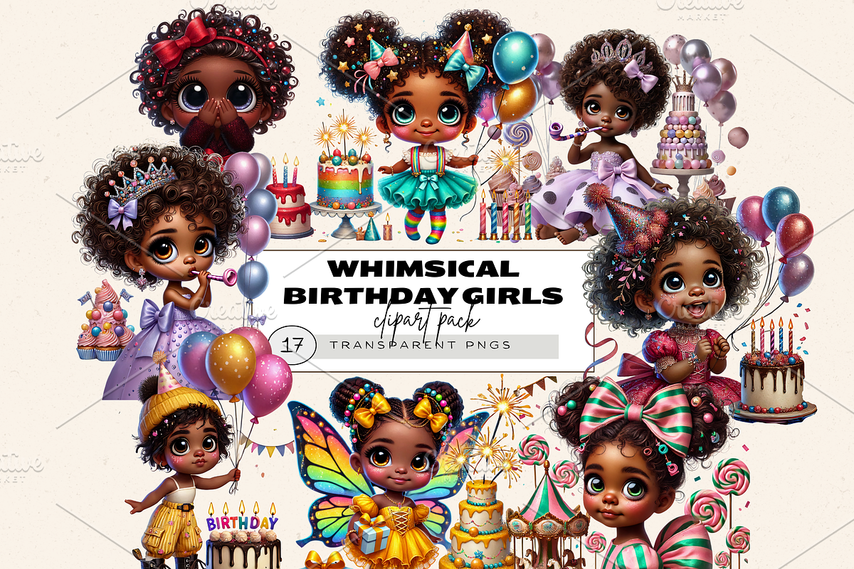 WHIMSICAL BIRTHDAY GIRLS CLIPART, a Person Illustration by Daring Digies (Photo 1 of 7)