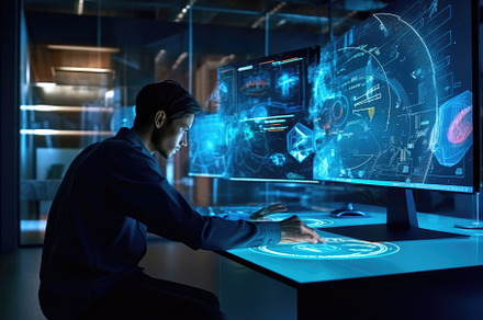 A photo of a person using a holographic display to interact with, a Technology Photo by designvectx