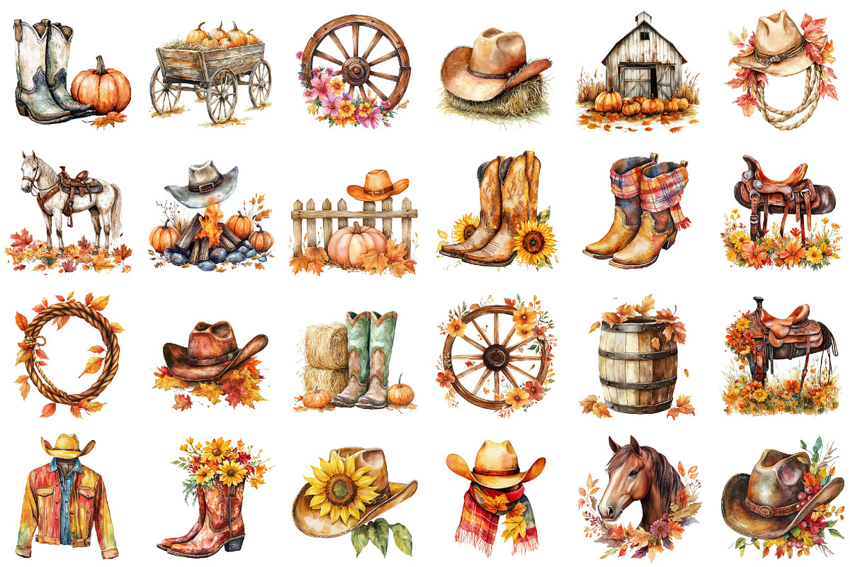 Watercolor Cowboy Autumn Clipart, a Seasonal Illustration by designcity5 (Photo 2 of 5)