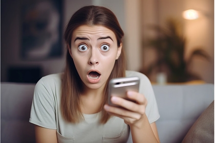 Phone message surprised woman home, a Person Photo by Ylivdesign