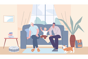 Parents with son sitting on sofa in, a Sport Illustration by Valerie Bodnar