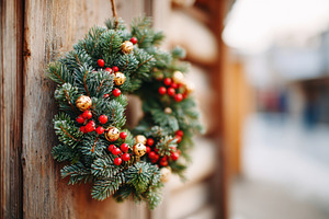 Festive christmas wreath with red berries and golden bells, a Holiday Photo by AlyaAnd