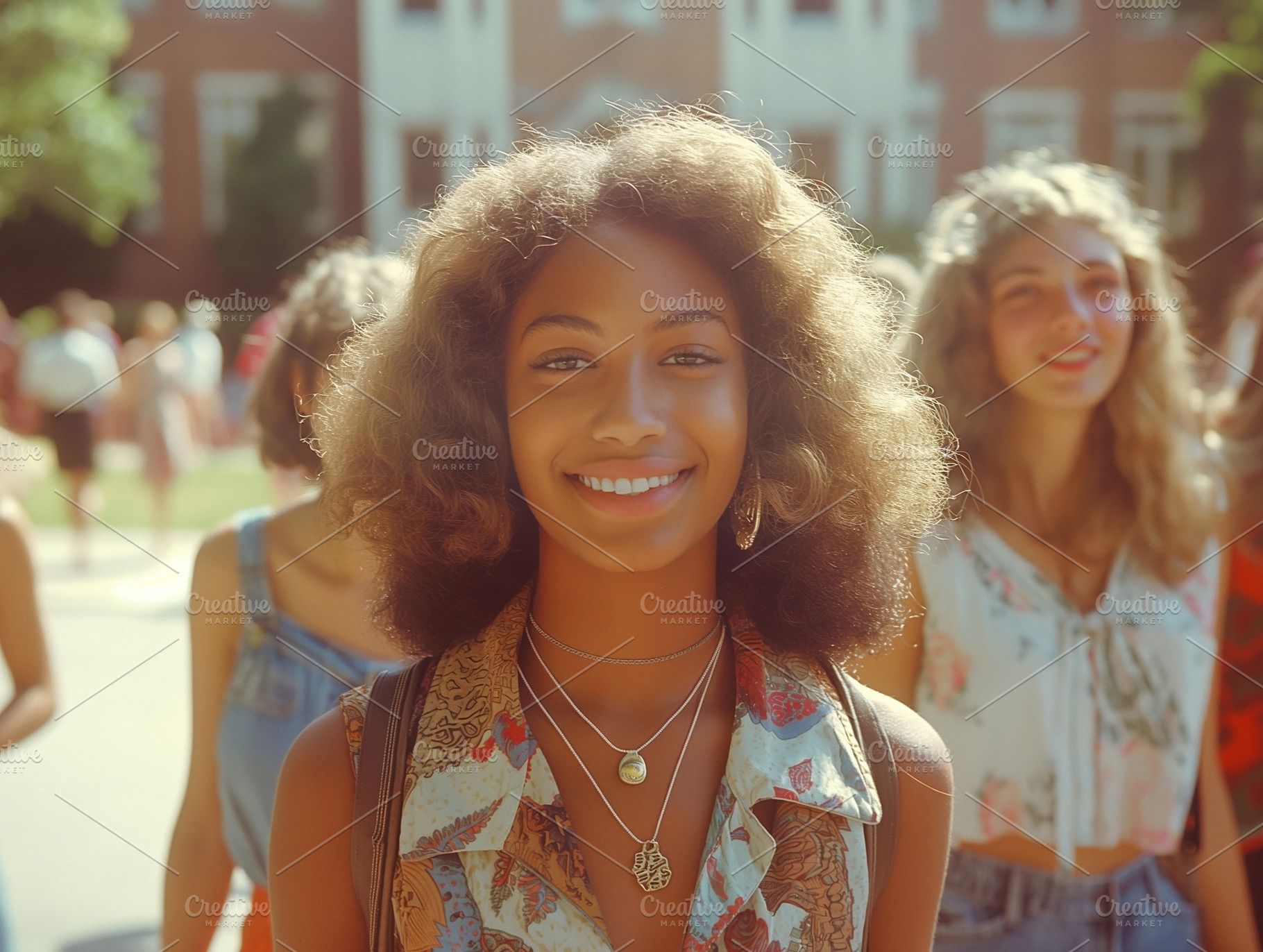 A joyful young woman with curly hair smiles brightly in a sunny outdoor setting, a Person Photo by ImageMir