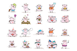 set of funny and cute pigs