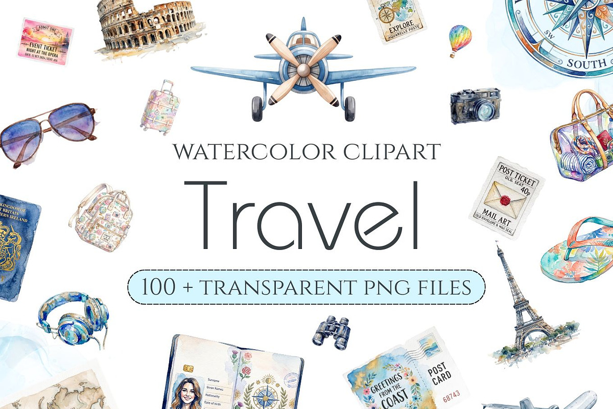 Travel Watercolor Clipart Set, a Decorative Illustration by Arslan (Photo 1 of 17)