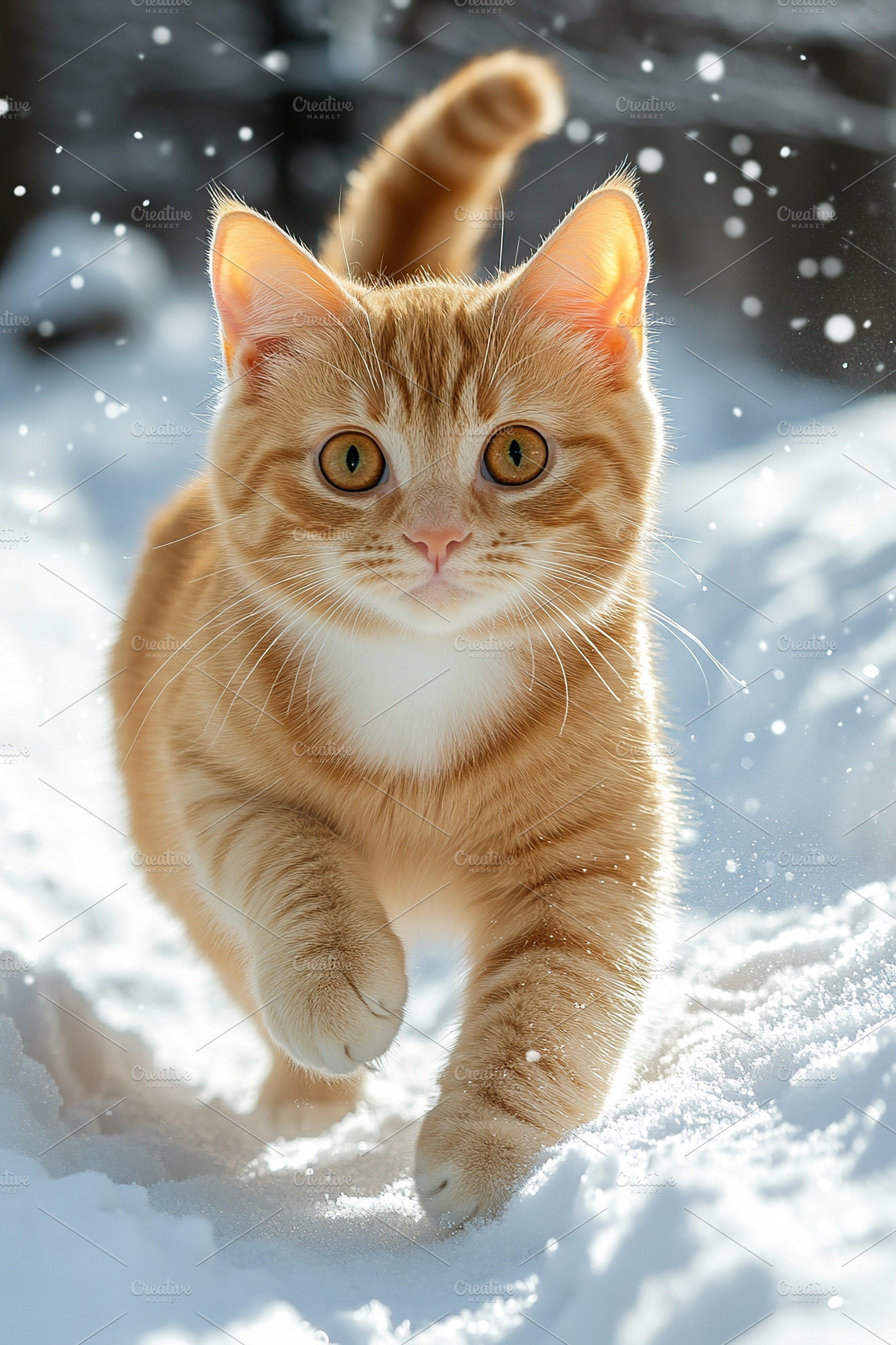 Beautiful ginger cat running and having fun in the snow, an Animal Photo by AlyaAnd