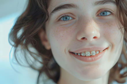 Young woman with modern braces on teeth, dental care concept, a Health & Medical Photo by AlyaAnd
