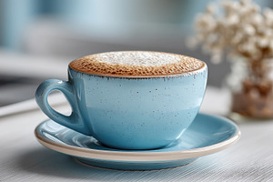 Blue Ceramic Coffee Cup with Frothy Foam in Clean Minimal Kitche, a Food & Drink Photo by José Manuel Gelpi