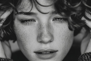 Black and white portrait of a young freckled woman with curly hair, a Photo by AS photostudio